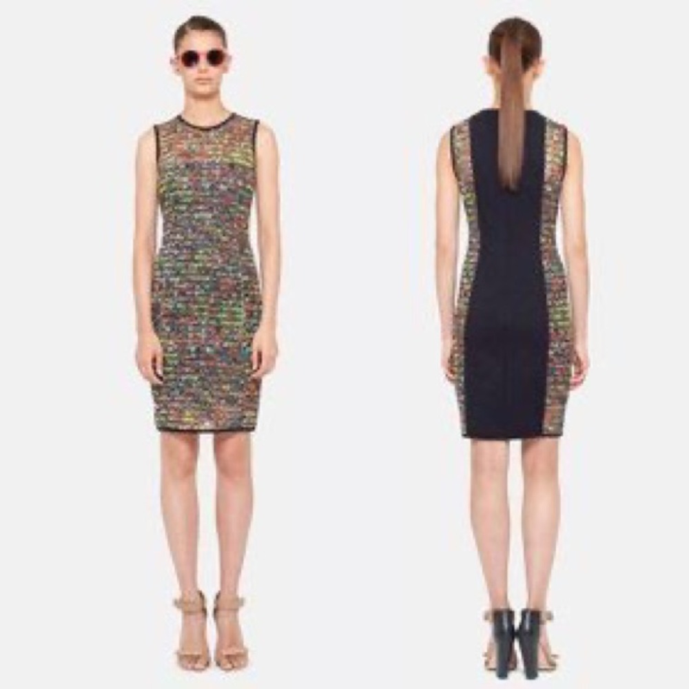 Sleeveless Multicolor Tweed Sheath Dress with Black Side Panels